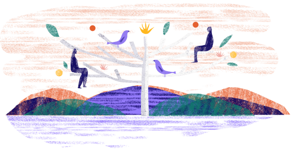 illustration of a tree with birds and people sitting on branches.